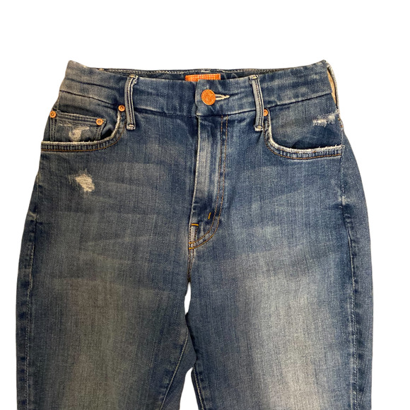 MOTHER Denim High Waisted Looker Jeans, Distressed Ripped Light Blue Wash, 25 - Picture 5 of 10